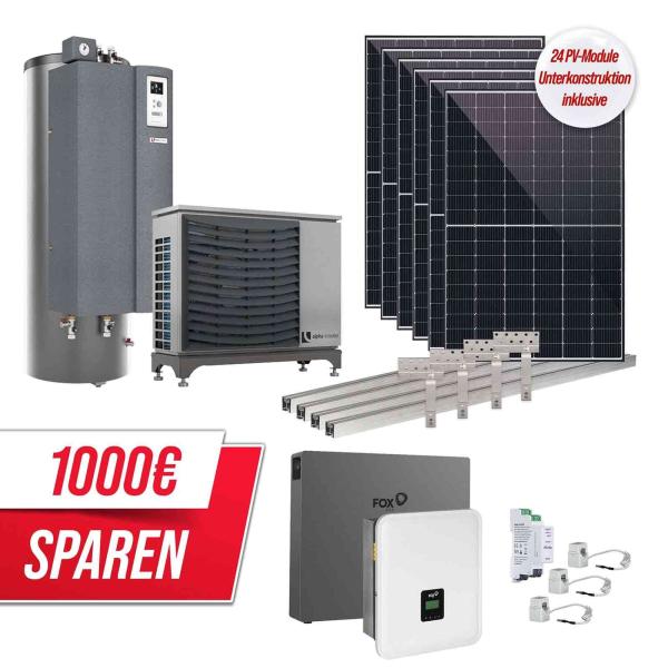 Autarkie Aktionspaket: PV mit Wärmepumpe - Jersey 7 + 10,44 kWp PV-Module + Fox ESS Hybrid-Wechselrichter H3-10.0-E 10 kW dreiphasig + Fox ESS EK11 Hochvoltspeicherbatterie 10,36 kWh