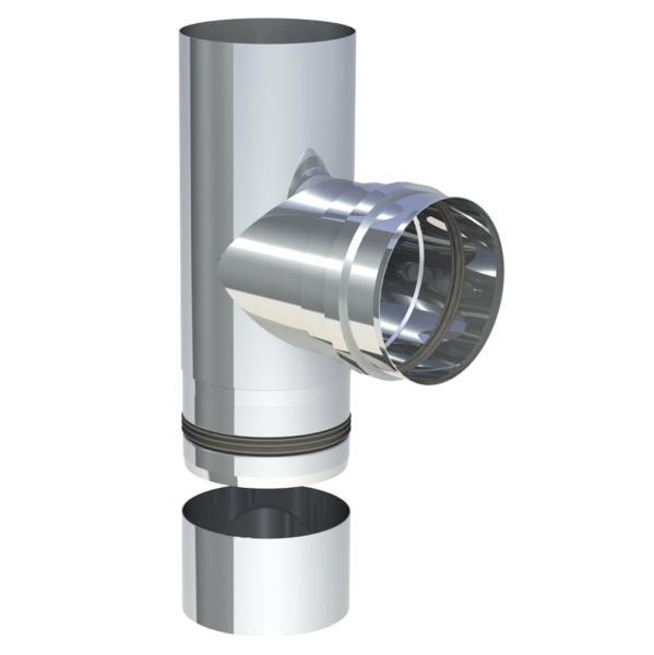 Jeremias PELLET-LINE T-Anschluss 90° mit Revisionsöffnung, Abgang mit Muffe (Kesselanschluss) Edelstahl unlackiert