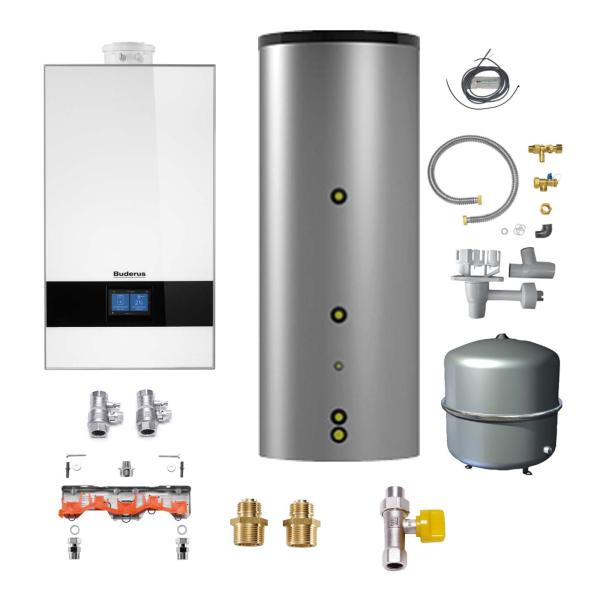 Buderus Gas-Brennwert Paket Kombigerät Logamax plus GB182i.2-15 W H 15 kW in weiß inkl. 150 l Speicher EBS-PU150