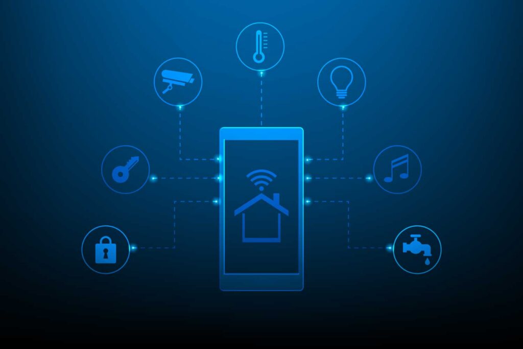 virtuelle Darstellung eines Smartphones auf stufenfoermig blauem Hintergrund; auf dem Display des Handys ist ein Haus abgebildet, vom Handy spalten sich verschiedene Icons ab, die Geraete mit Strombedarf kennzeichnen