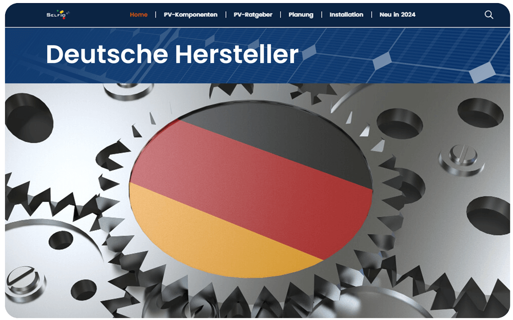 Schnellzugriff zum Thema Deutsche Photovoltaik Hersteller, großes Zahnrad in Optik der deutschen Flagge in einem Zahnradgetriebe